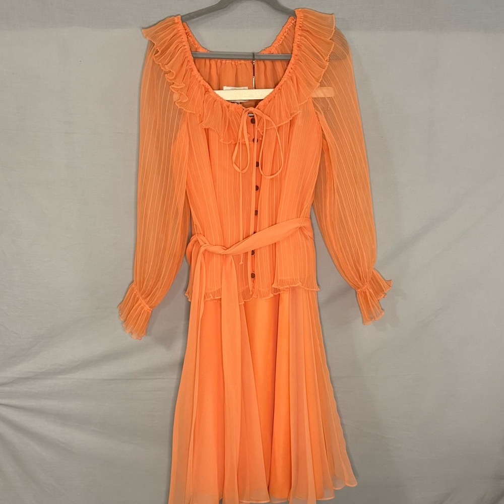 Vintage 1970s JB Boutique California Orange Pleated  Dress Chiffon 2 Piece XS